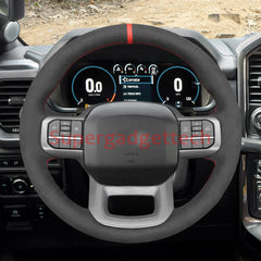 Black Suede Steering Wheel Red Stitch Wrap Cover For Ford F-150 Raptor 2021-23