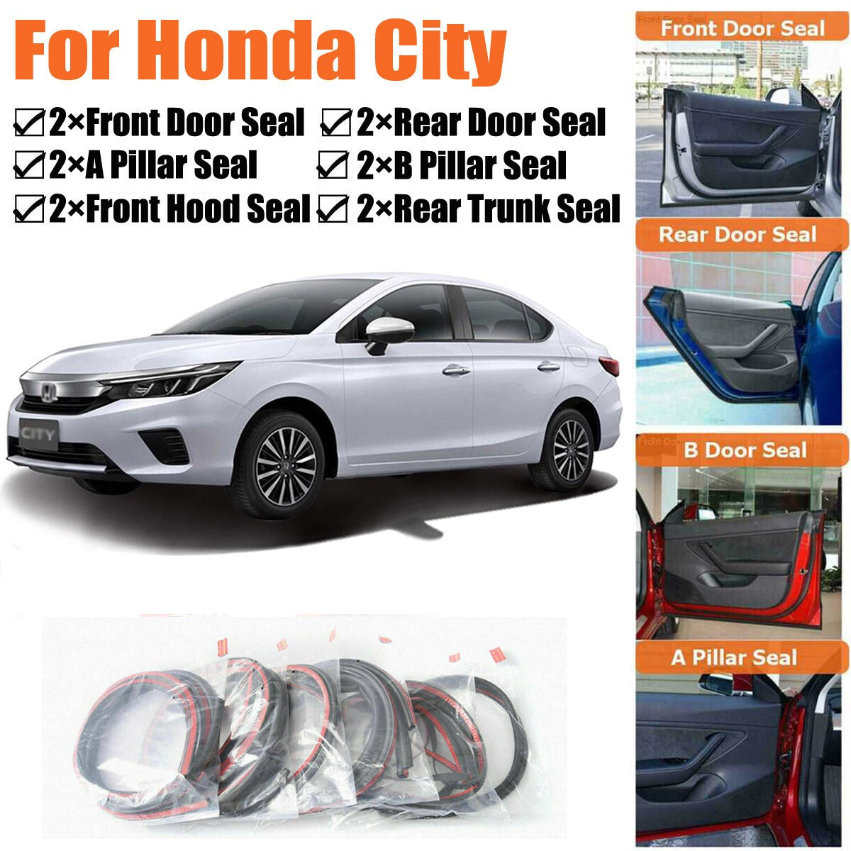 Door Rubber Seal Strips Weather Draft Wind Noise Reduction Kit For Honda City