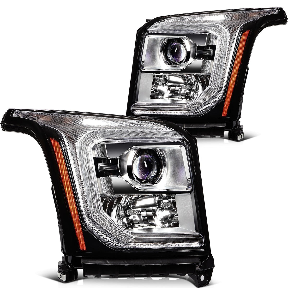 Pair Halogon Headlights Assembly For 2015-2017 GMC Yukon 5.3L 6.2L Black Amber 6B93BC-57