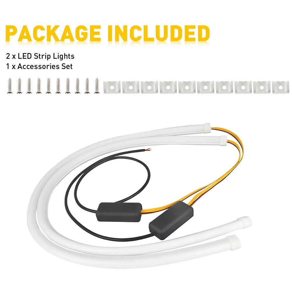 2x Flexible 60cm Car Switchback Headlight Tube LED Strip DRL Light Amber/White 6B93BC-57