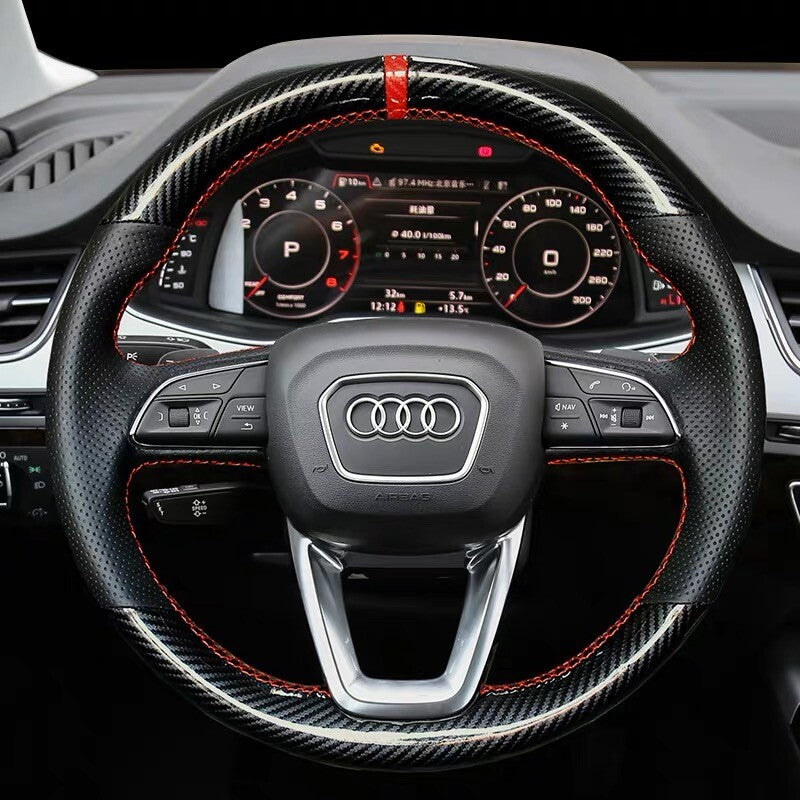 Carbon Fiber&PU Leather Steering Wheel Stitch on Wrap Cover For Audi Q7 2015-19