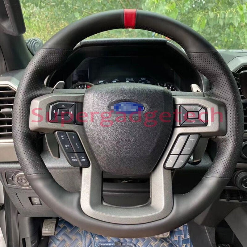 Black &Hole Leather Steering Wheel Red Stitch Wrap Cover For Ford F-150 F150 6B93BC-57