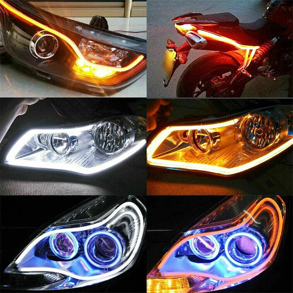 2x Flexible 60cm Car Switchback Headlight Tube LED Strip DRL Light Amber/White 6B93BC-57