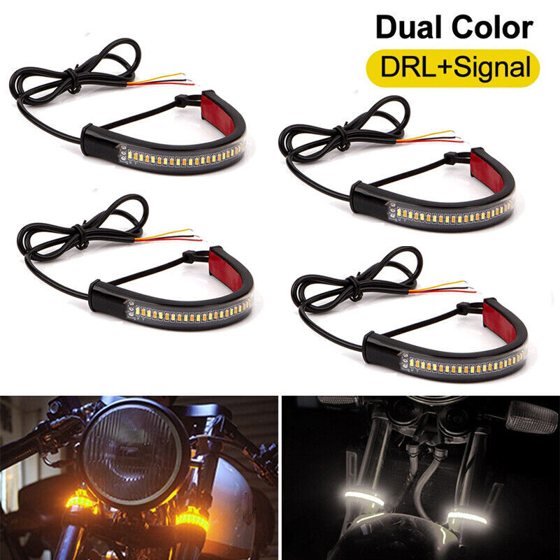 4PCS White/Amber Switchback LED Fork Turn Signal DRL Light Strips For Motorcycle