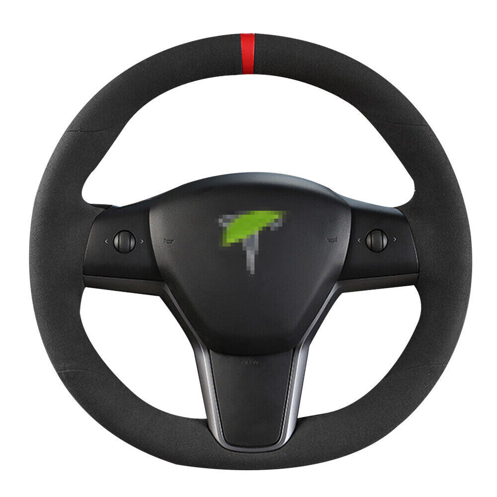All Black Suede Leather Steering Wheel Red Strip on Wrap Cover For Tesla Model 3