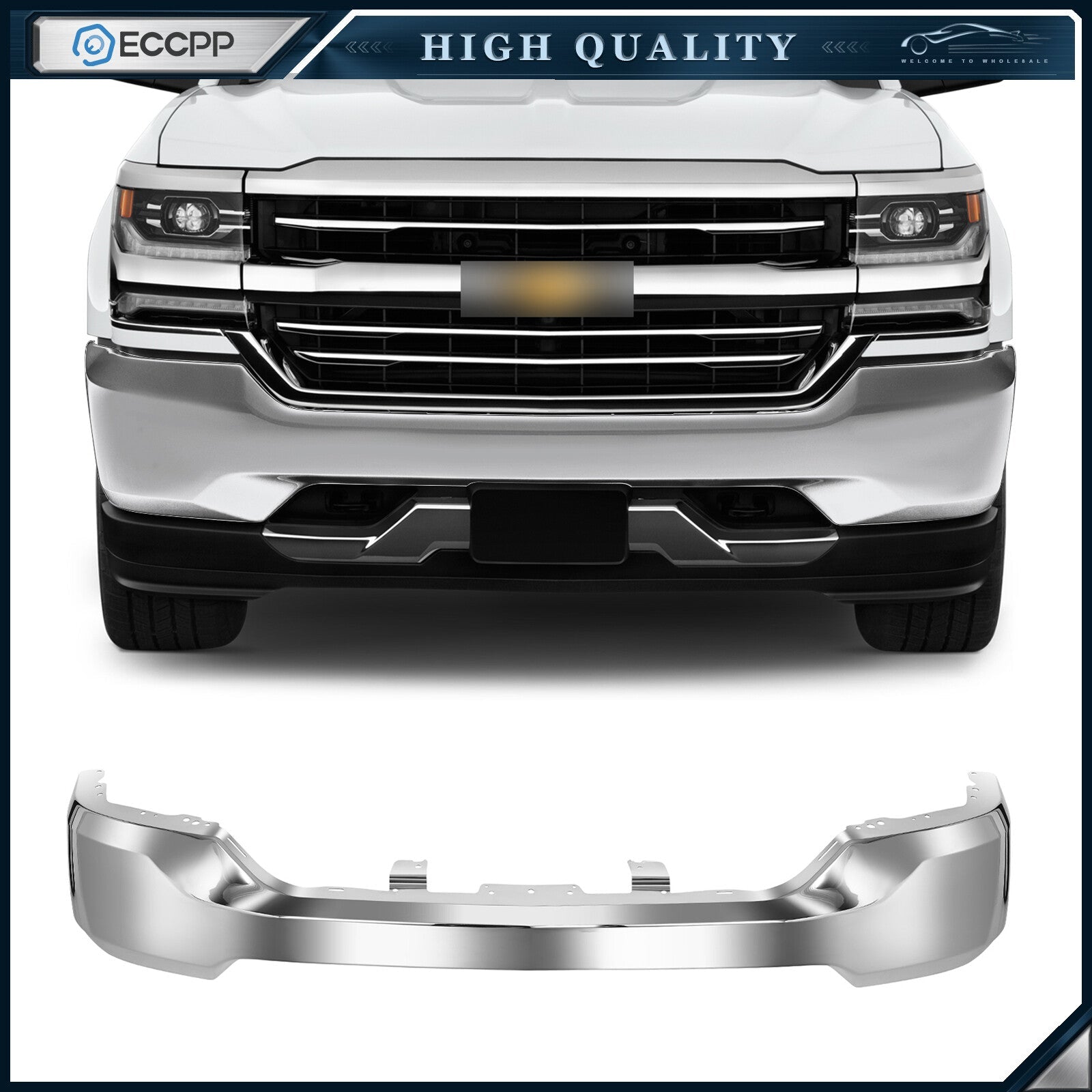 Chrome Front Bumper Face Bar For 16-19 Silverado 1500 W/O Sensor&Fog Light Holes 6B93BC-57
