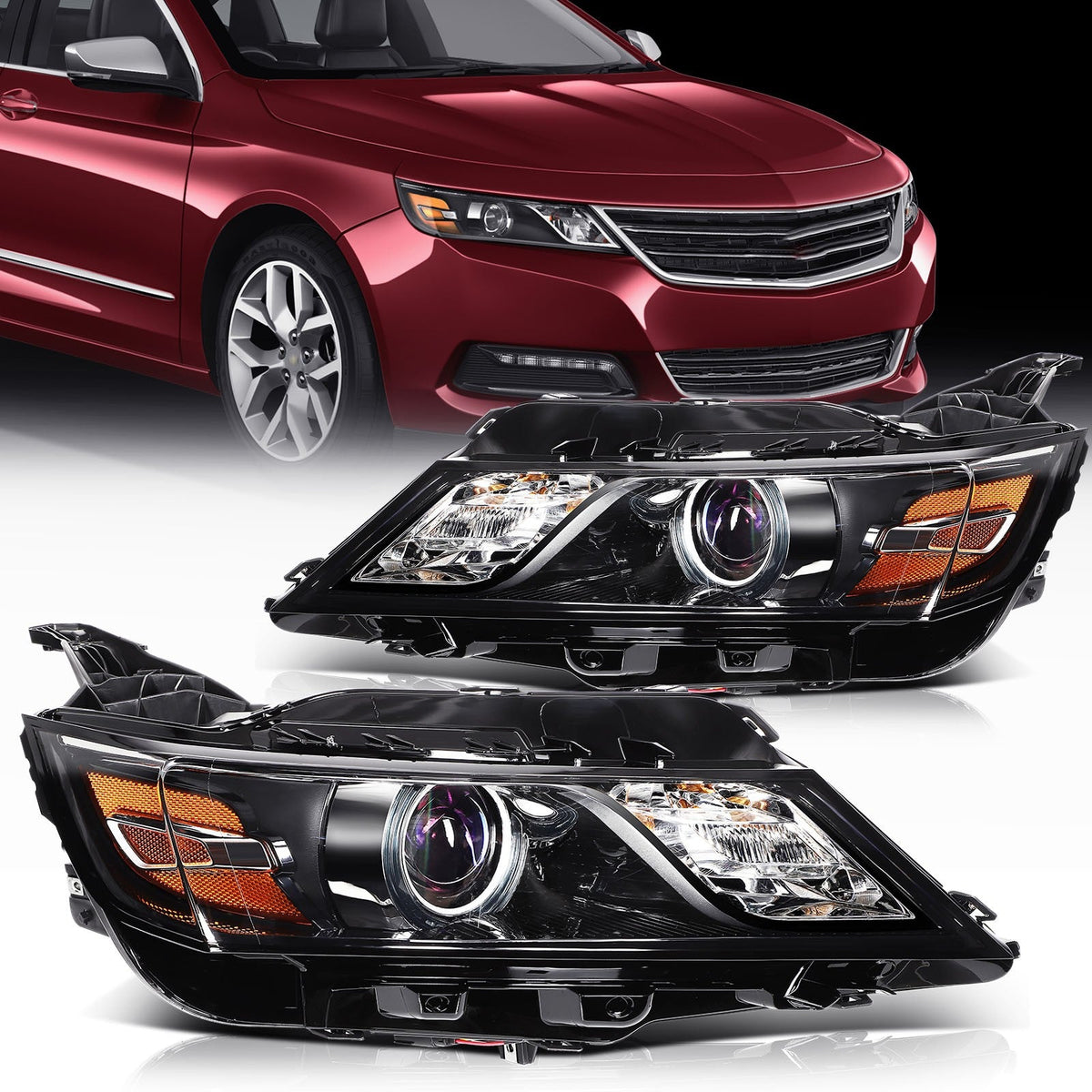 Pair Kit Halogen Headlights Assembly For 2014-2020 Chevrolet Impala Black Amber 6B93BC-57
