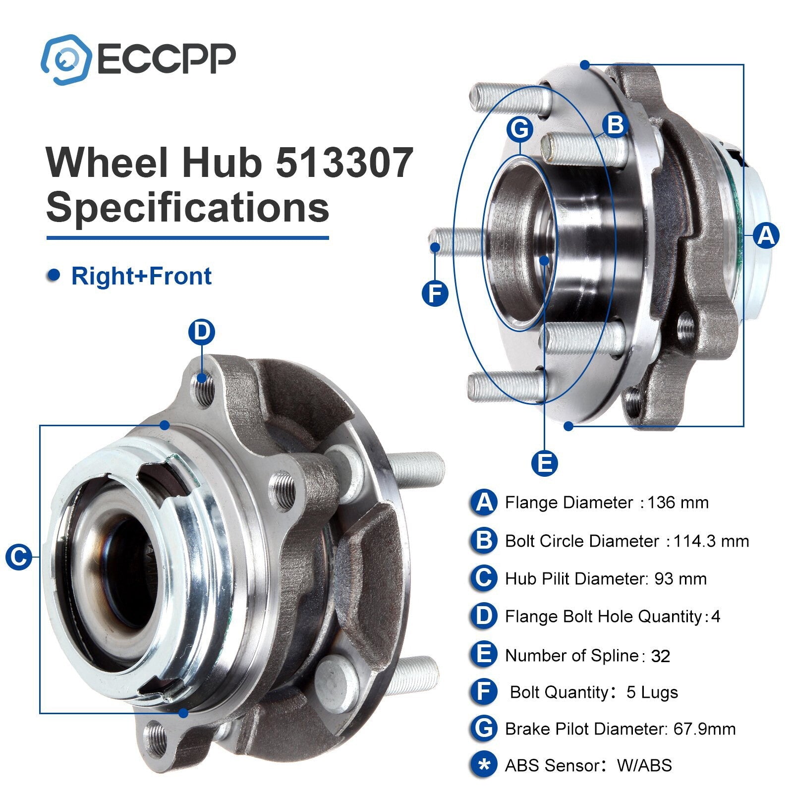 1Pc Wheel Hub Bearing Front Passenger Side For Nissan Murano 2009 2010 2011-2014 6B93BC-57