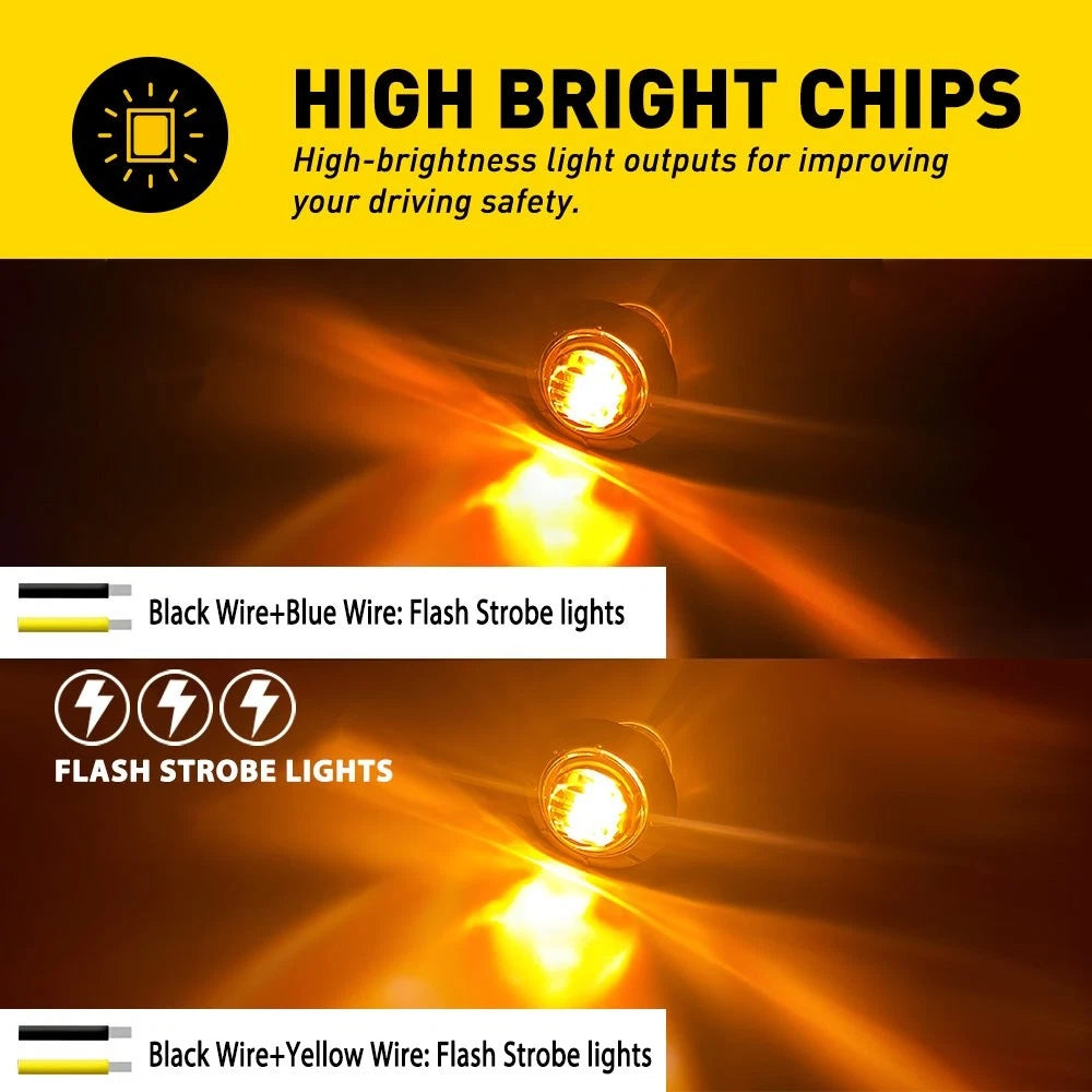10X 3/4" 12-24V Marker Lights LED Truck Trailer Round Side Bullet Amber Strobe A 6B93BC-57