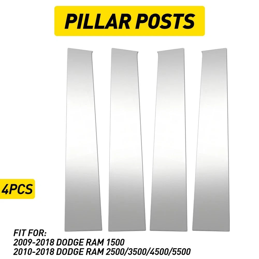 4PC Pillar Post Trim Covers For 09-18 Dodge Ram Crew/Quad Cab 1500 2500 Chrome 6B93BC-57