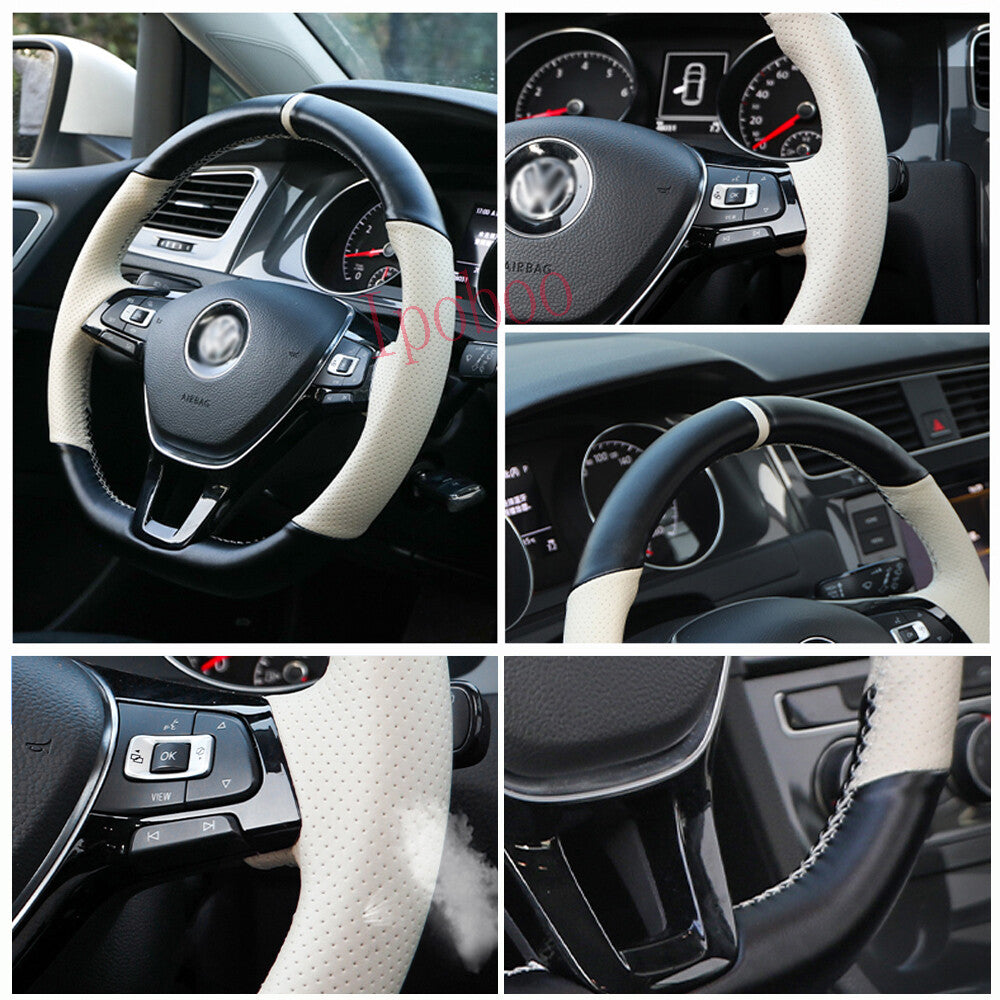 Black&White Hole Leather Steering Wheel Hand-stitch on Cover For VW Golf 7 Jetta 6B93BC-57