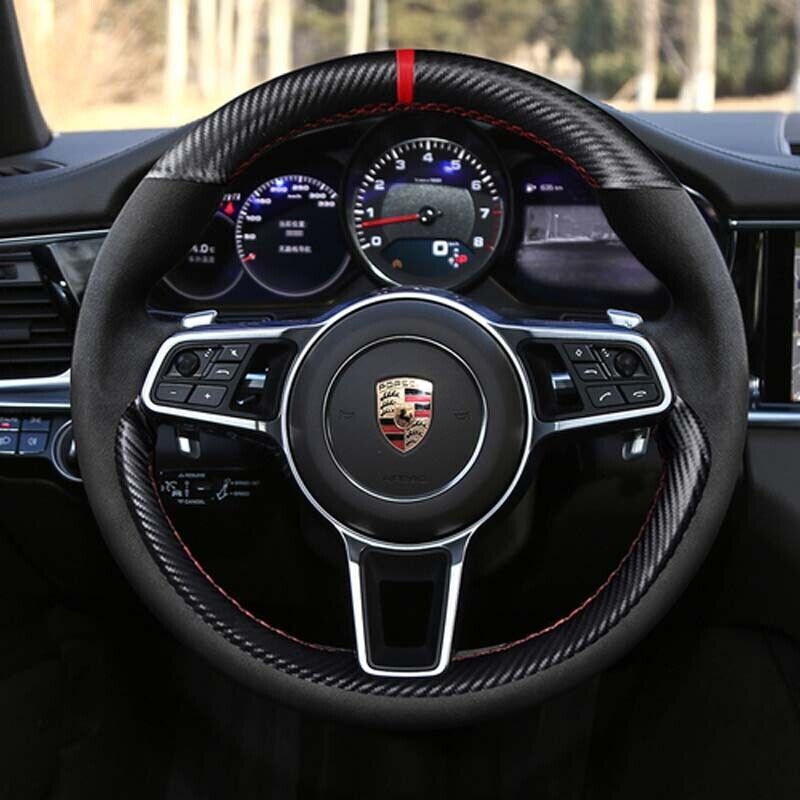 3D Carbon Fiber &Suede Leather Steering Wheel Wrap Cover Fit For Porsche Cayenne