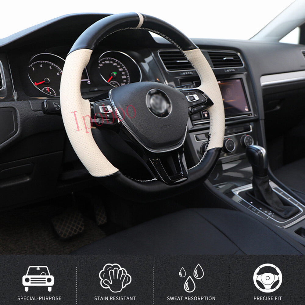 Black&White Hole Leather Steering Wheel Hand-stitch on Cover For VW Golf 7 Jetta 6B93BC-57