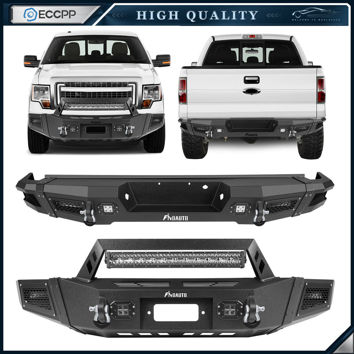 For 2009-2014 Ford F150 Pickup Front Rear Bumper w/Winch Plate LED lights & Leds