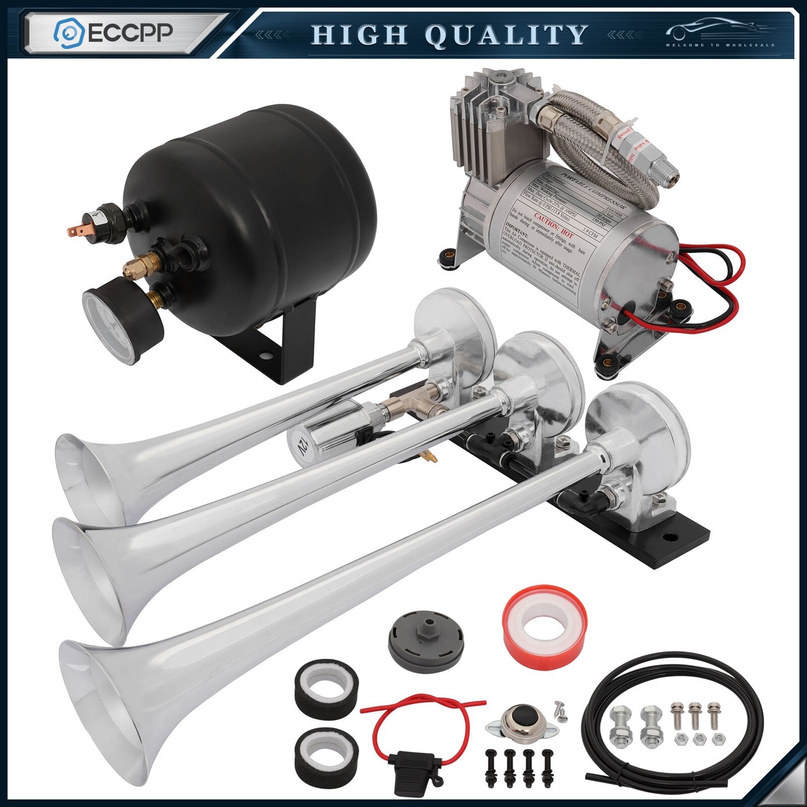 3 Trumpets Train Air Horn Compressor Tank Kit 12V For Car Train Truck Vans Ship 6B93BC-57