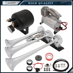 3 Trumpets Train Air Horn Compressor Tank Kit 12V For Car Train Truck Vans Ship 6B93BC-57