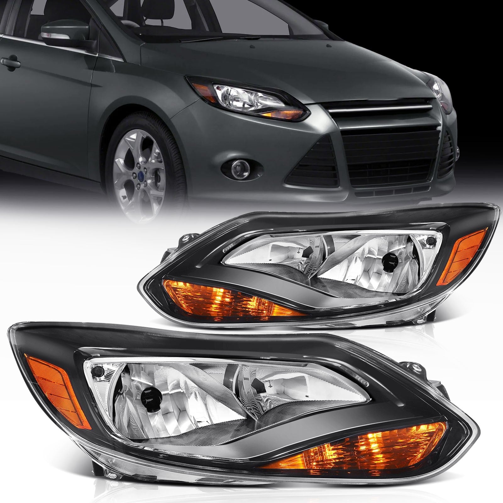 ECCPP Headlights Assembly For Ford Focus 2.0L 2012-2014 Pair Kit Black Amber 6B93BC-57
