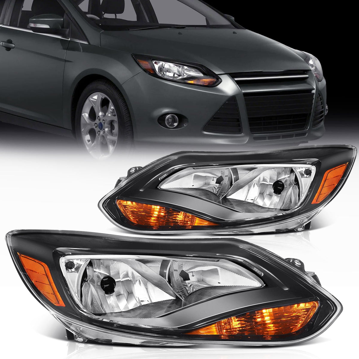 ECCPP Headlights Assembly For Ford Focus 2.0L 2012-2014 Pair Kit Black Amber 6B93BC-57