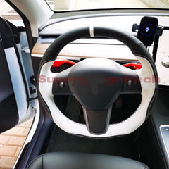 Suede&Black White Leather Steering Wheel Stitch Wrap Cover For Tesla Model 3 Y