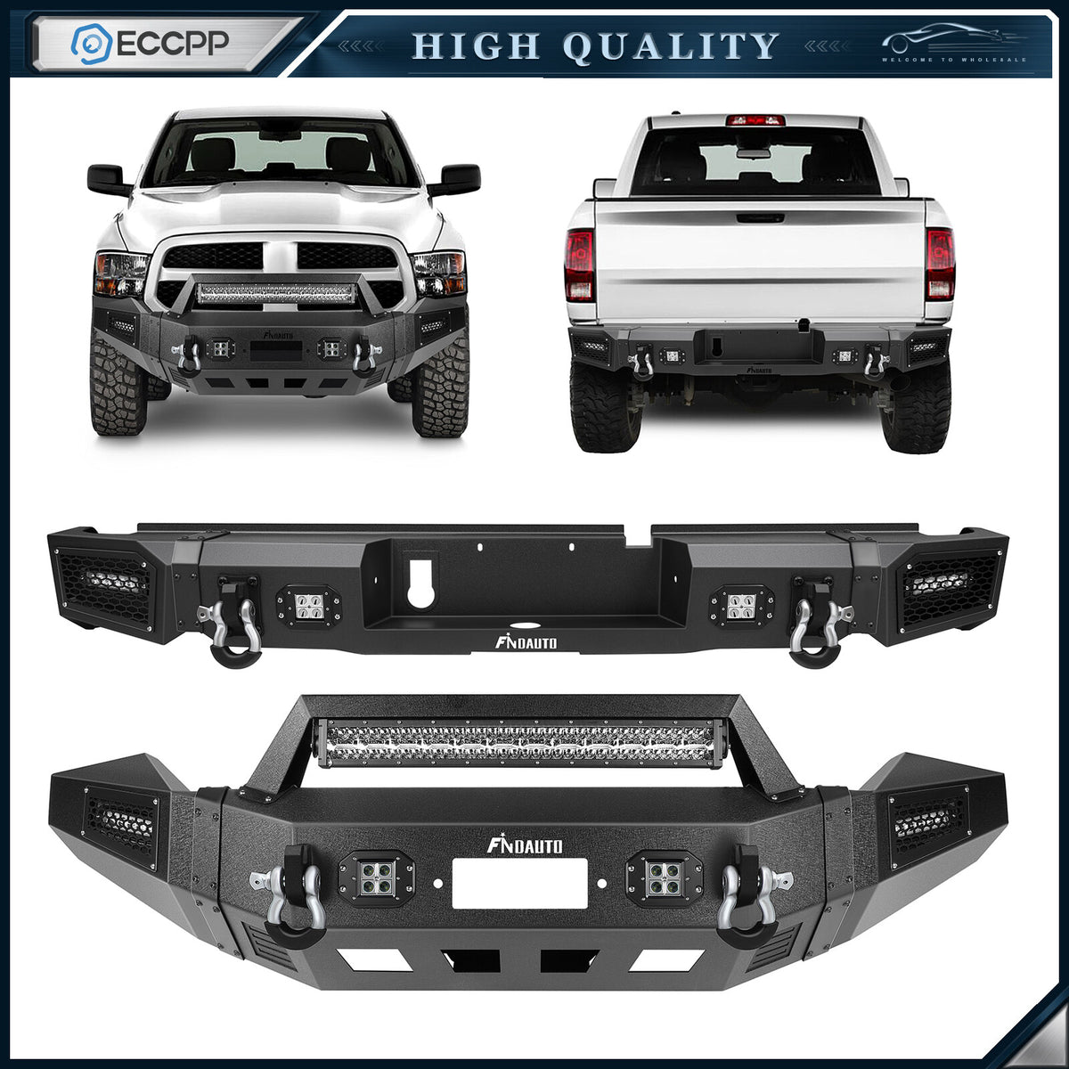 For 2013-2018 Dodge Ram 1500 Front Rear Bumper Guard w/ LED Lights D-rings Steel