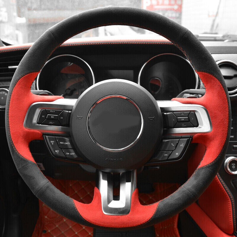 Black&Red Suede Leather Steering Wheel Red Stitch-on Wrap Cover For Ford Mustang
