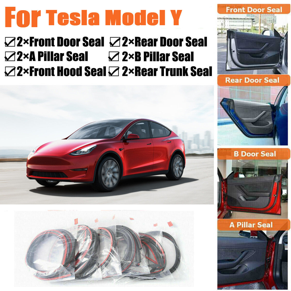 Door Rubber Seal Strips Weather Draft Wind Noise Reduction Kit For Tesla Model Y