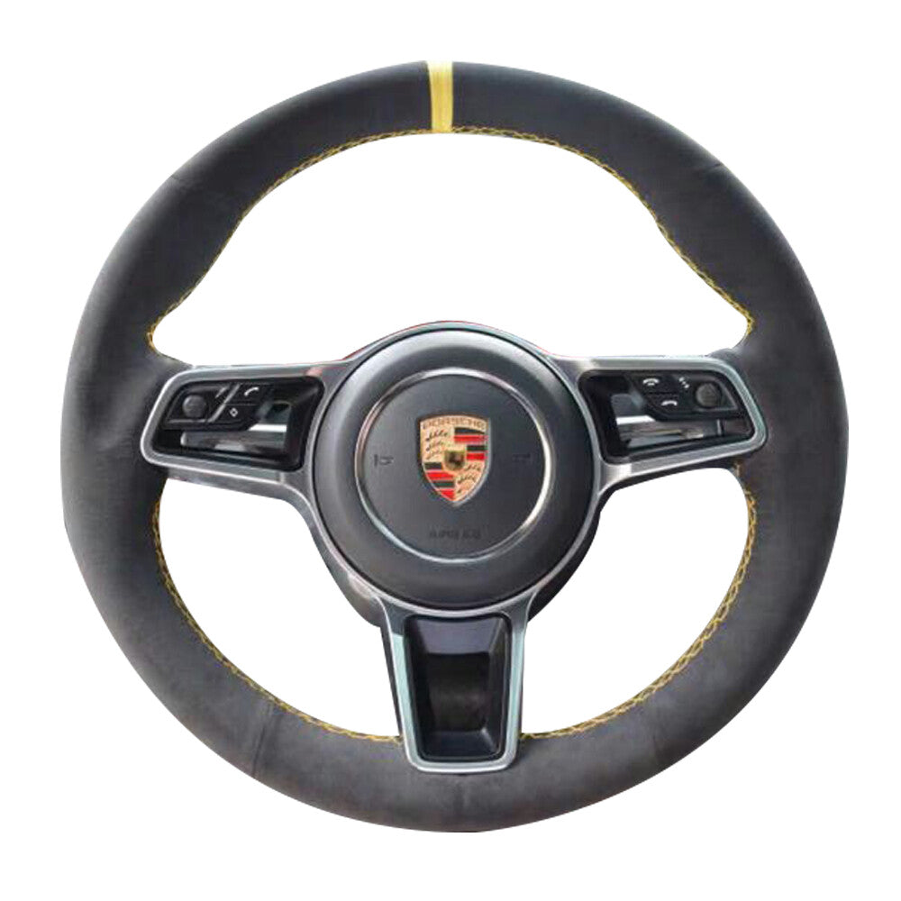 Black Suede Leather Steering Wheel Yellow Stitch Wrap Cover For Porsche Macan