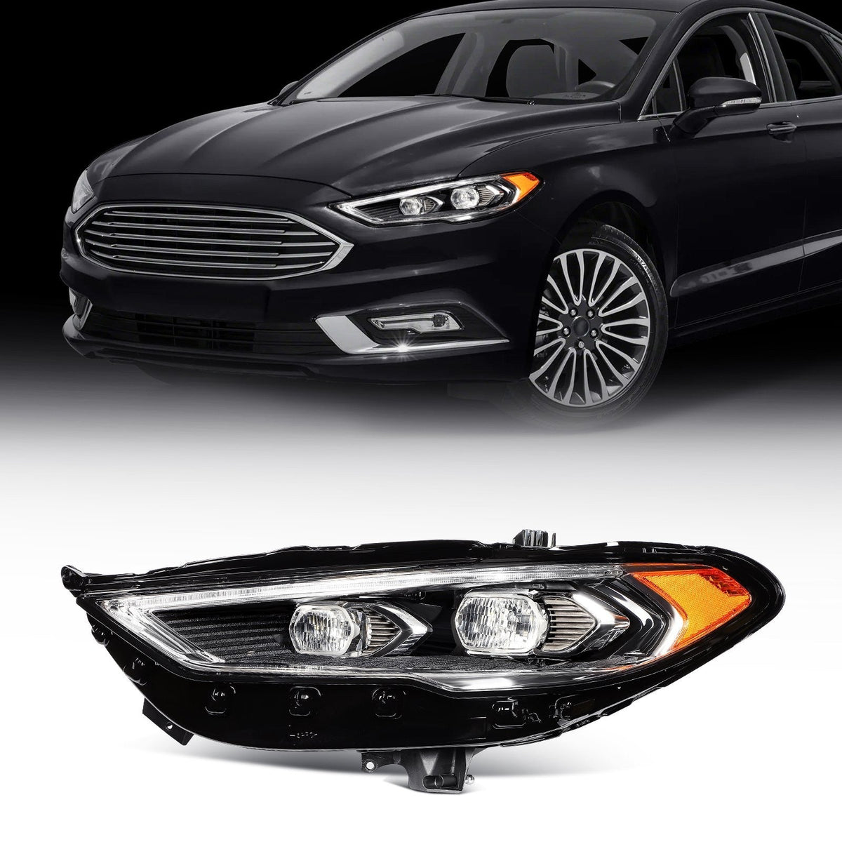 Left Side Full LED Headlight Assembly For 2017-2020 Ford Fusion Black Amber 6B93BC-57