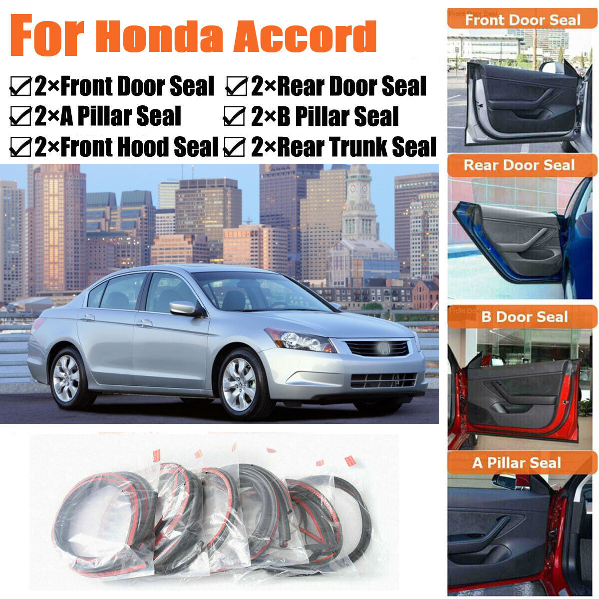 Rubber Seal Strips Weather Draft Wind Noise Reduction Kit For Honda Accord 08-12