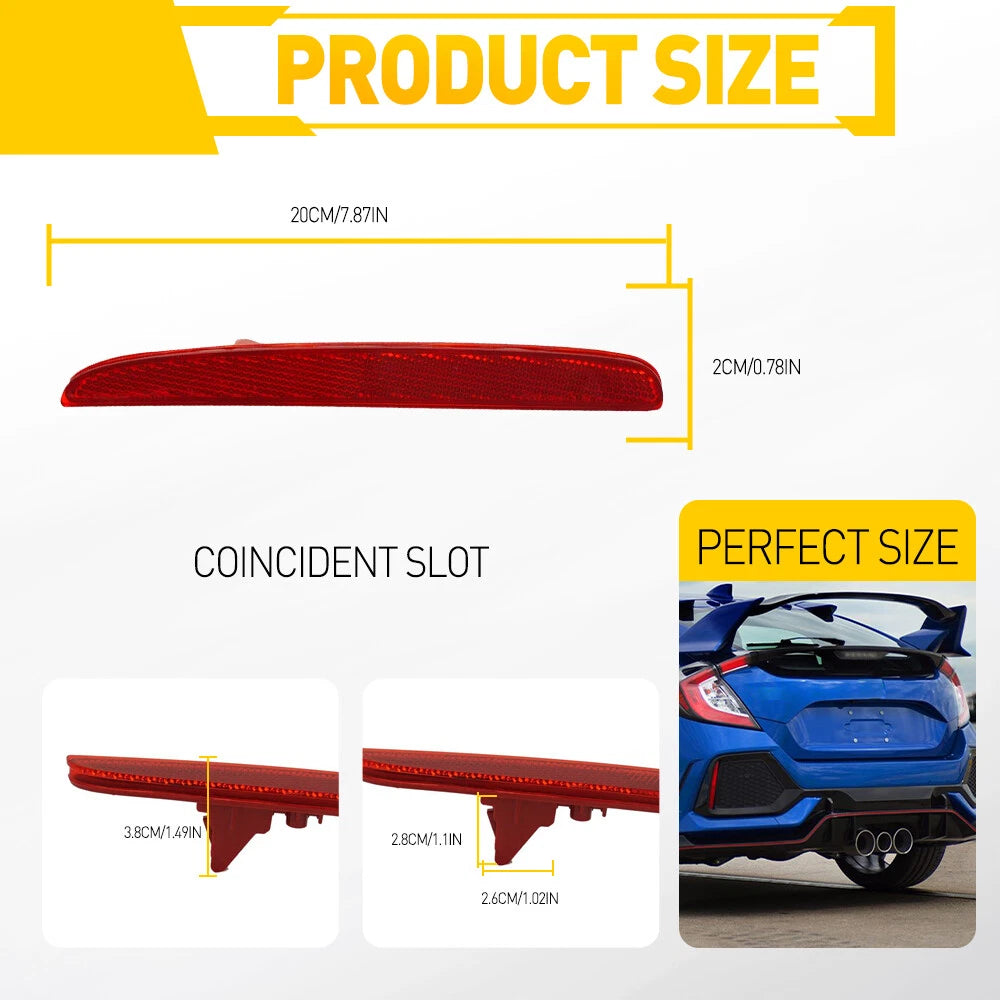 Red Lens Rear Bumper Reflector Marker 1 Pair For 2017-2021 Honda Civic Hatchback 6B93BC-57