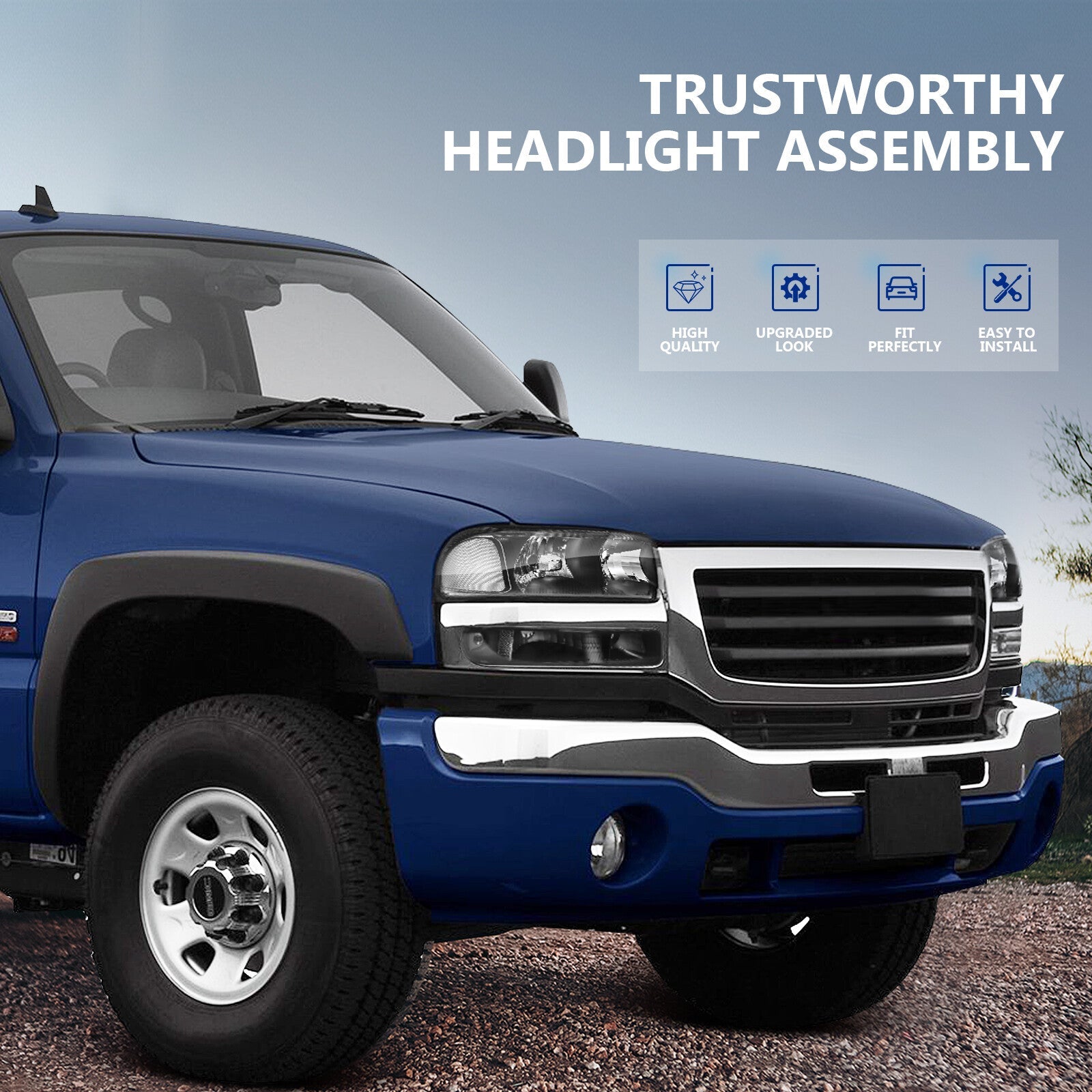 Fits 99-07 GMC Sierra Headlights Assembly Pair + Bumper Lamp Black Housing Set 6B93BC-57