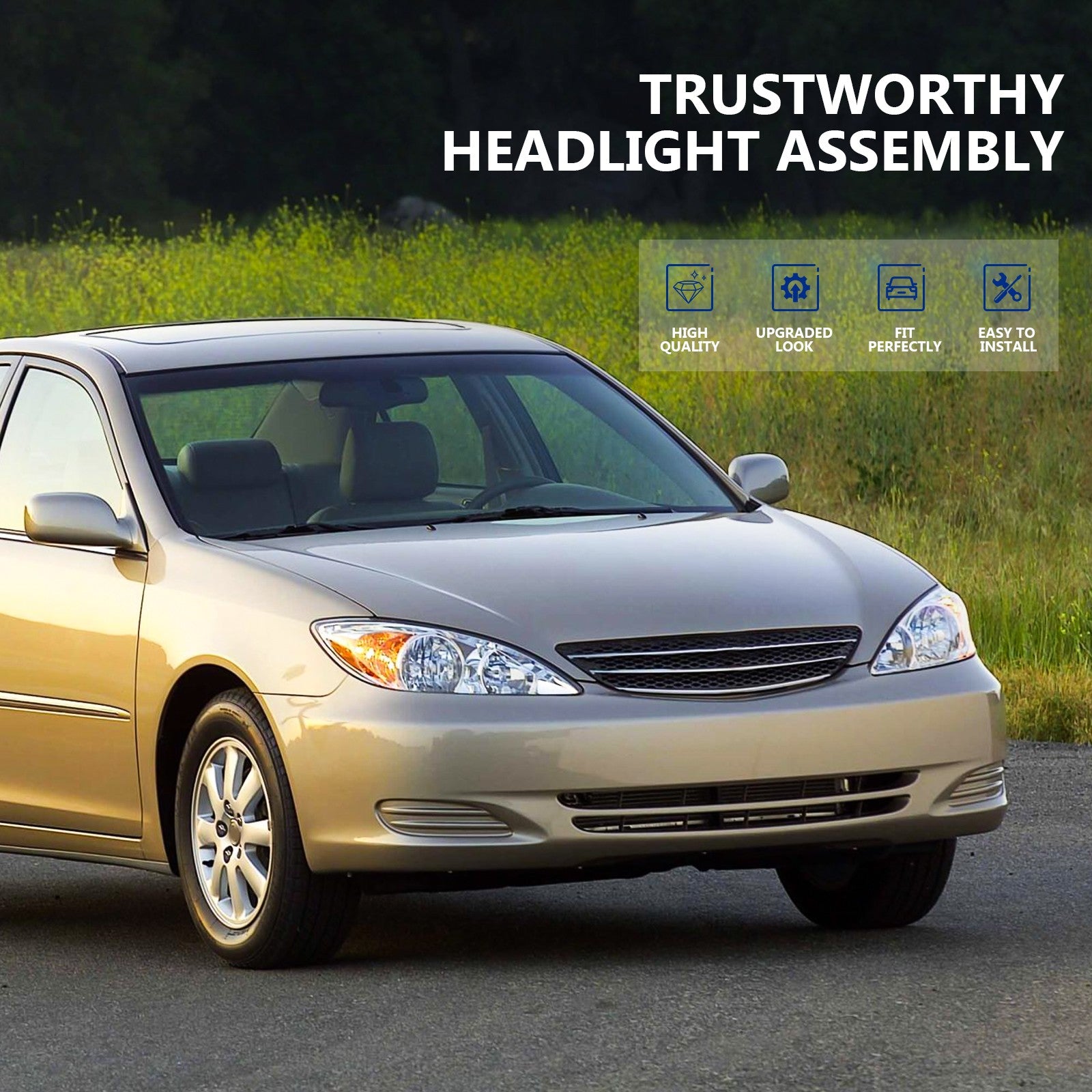 Pair Kit Halogen Headlights Assembly For 2002-2004 Toyota Camry Chrome Amber 6B93BC-57