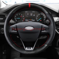 Carbon Fiber&Hole Leather Steering Wheel Red Stitch Wrap Cover For Ford Escape