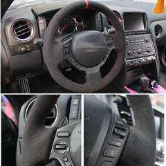 Black Suede Leather Red Mark Steering Wheel Stitch on Wrap Cover For Nissan GTR