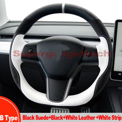 Suede&Black White Leather Steering Wheel Stitch Wrap Cover For Tesla Model 3 Y