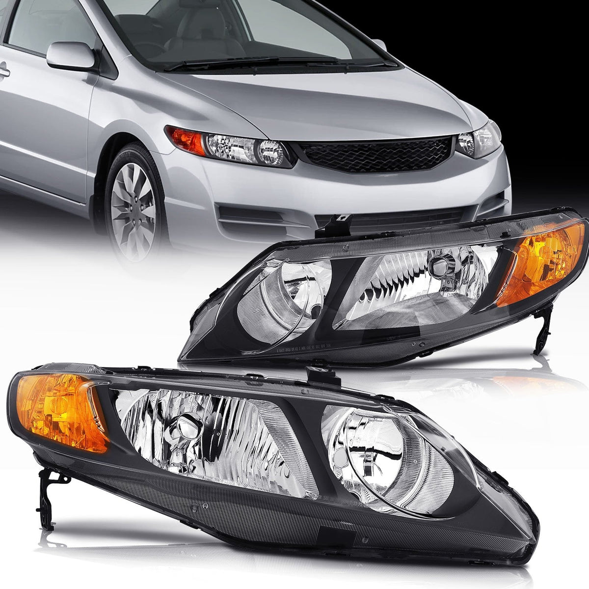 Pair Headlights Assembly For 2006-2011 Honda Civic 1.3L 1.8L 2.0L Black Amber 6B93BC-57