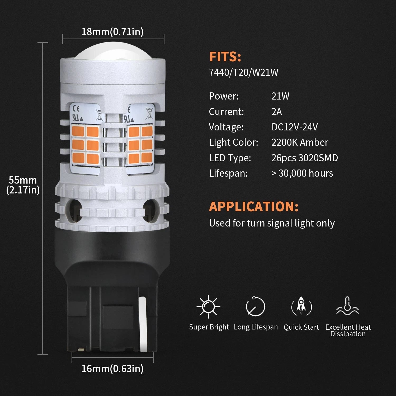 2X AUXITO 7440 Amber LED Turn Signal Light Bulbs Anti Hyper Flash Error Free EOA AUXITO