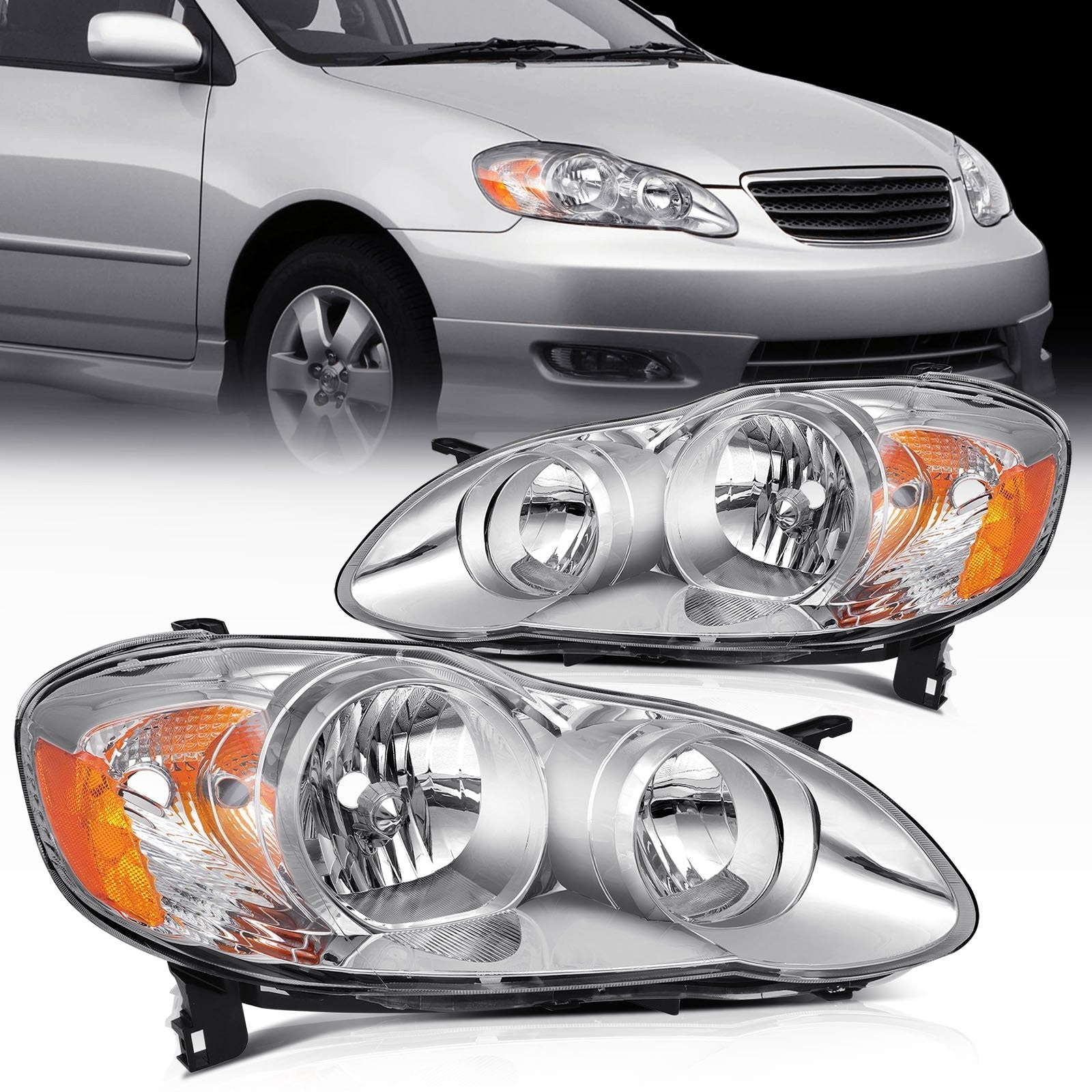ECCPP Headlights Assembly For Toyota For Corolla 2003-2008 Pair Kit Chrome Amber 6B93BC-57
