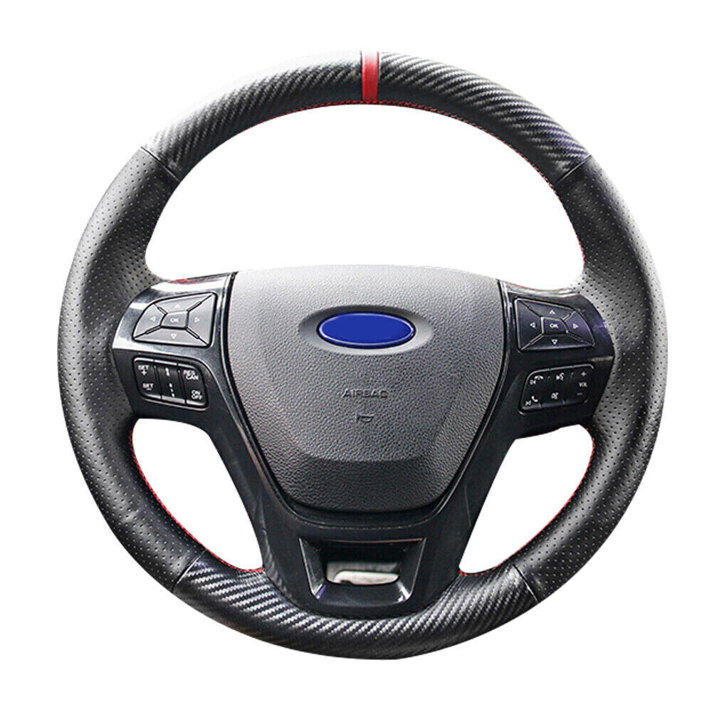 Carbon Fiber&Leather Steering Wheel Red Stitch Wrap Cover For Ford Ranger 16-19