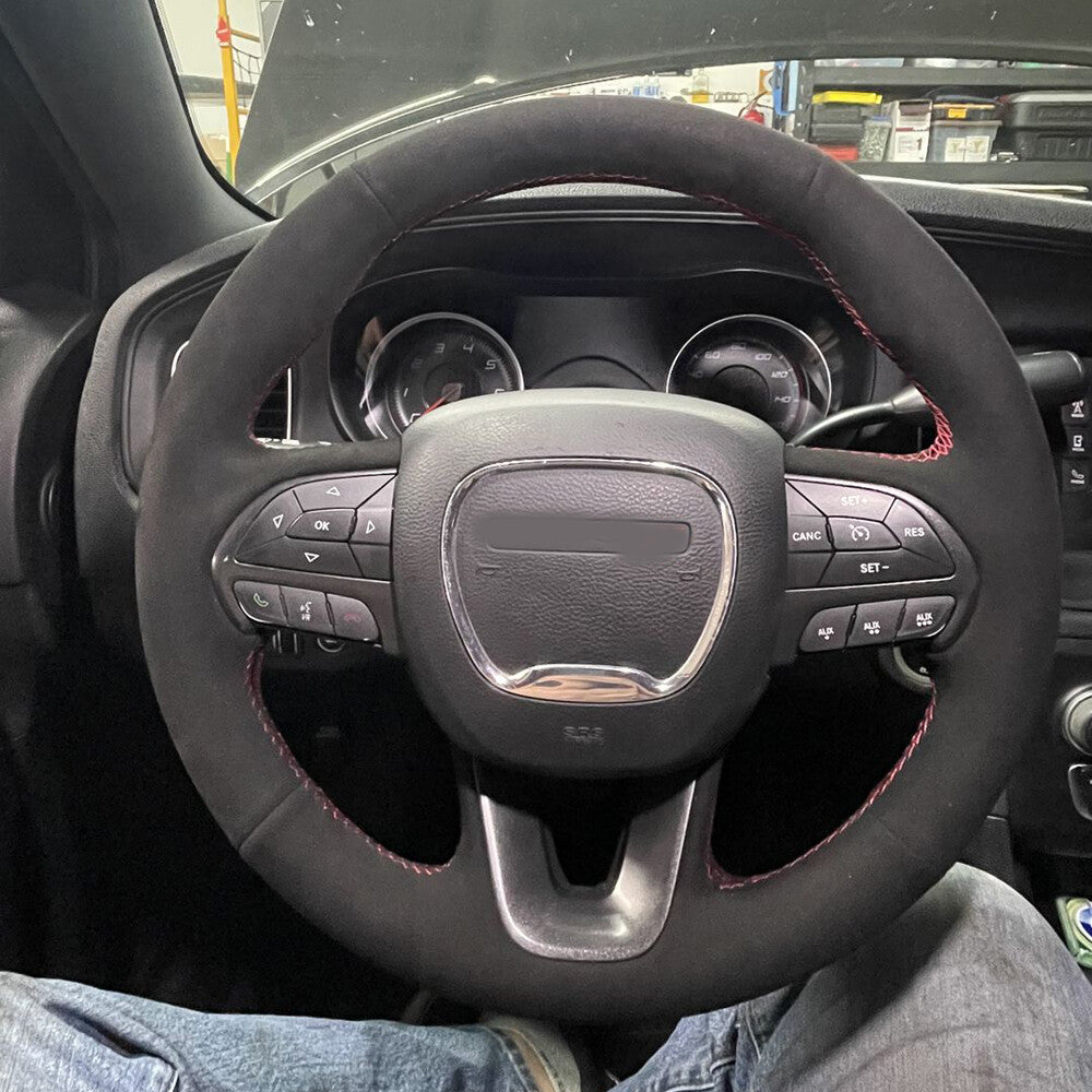 Black Suede Leather Steering Wheel Hand-stitch on Wrap Cover For Dodge Charger