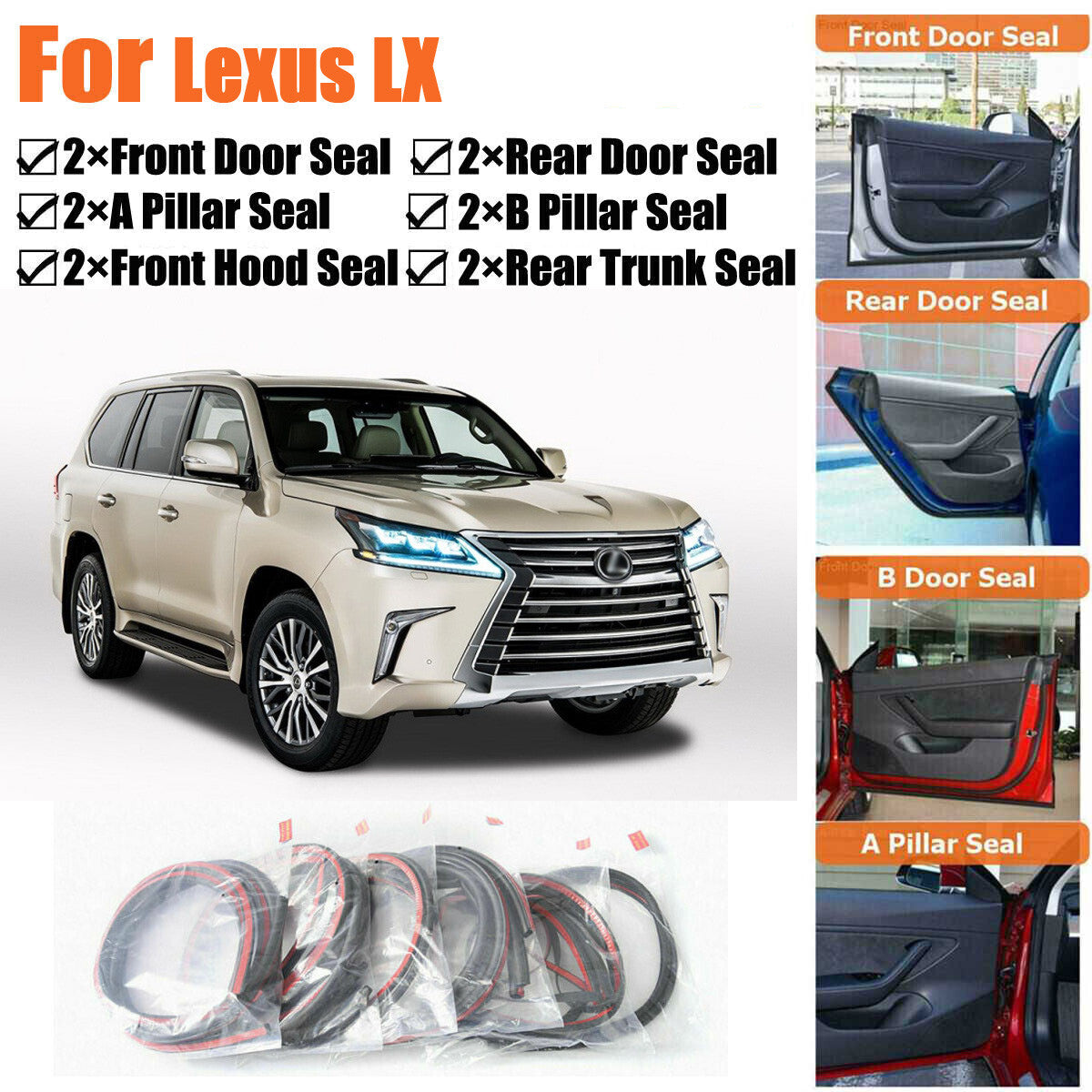 Door Rubber Seal Strips Weather Draft Wind Noise Reduction Kit For Lexus LX