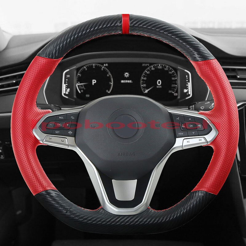 3D Carbon Fiber&Hole Leather Steering Wheel Hand Sewing Wrap Cover For VW Polo