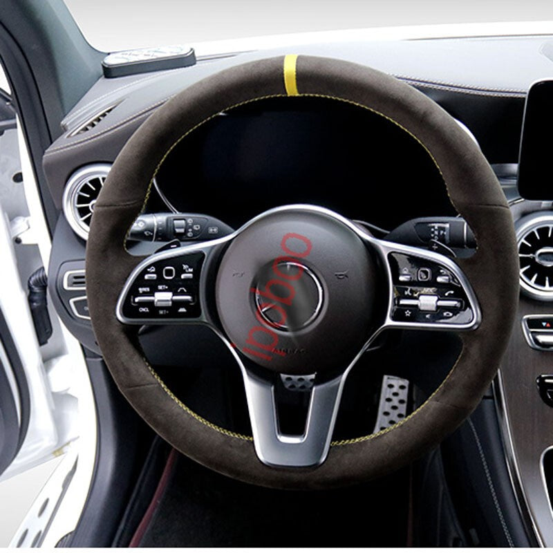 Suede Leather Yellow Thread Steering Wheel Hand Sewing Wrap Cover For Benz W177