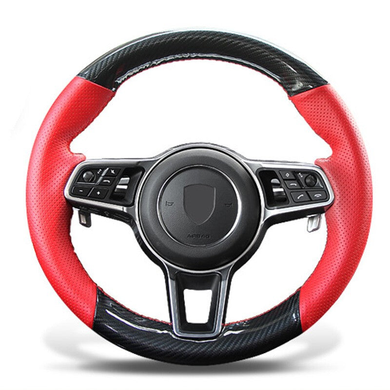 5D Carbon Fiber &Red Leather Steering Wheel Wrap Cover Fit For Porsche Cayenne