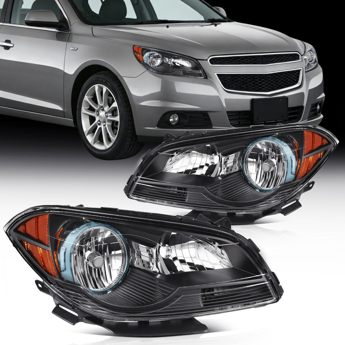 ECCPP Headlights Assembly For Chevrolet Malibu 2008-2012 Pair Kit Black Amber 6B93BC-57