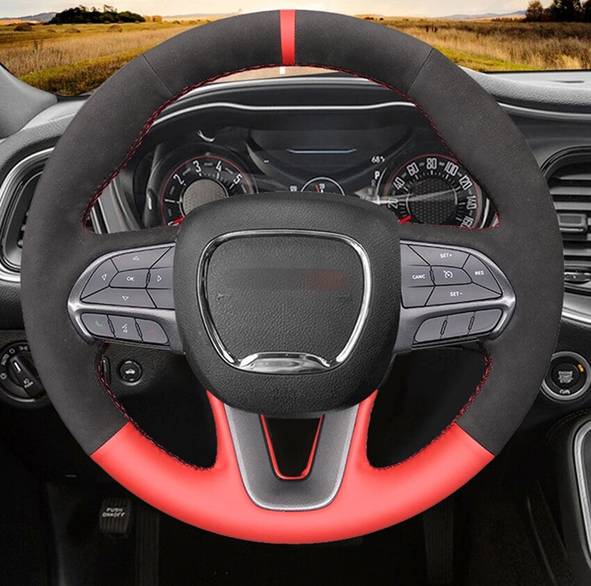 Suede &Red Leather Steering Wheel Hand-stitch on Wrap Cover For Dodge Challenger