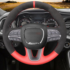 Suede &Red Leather Steering Wheel Hand-stitch on Wrap Cover For Dodge Challenger