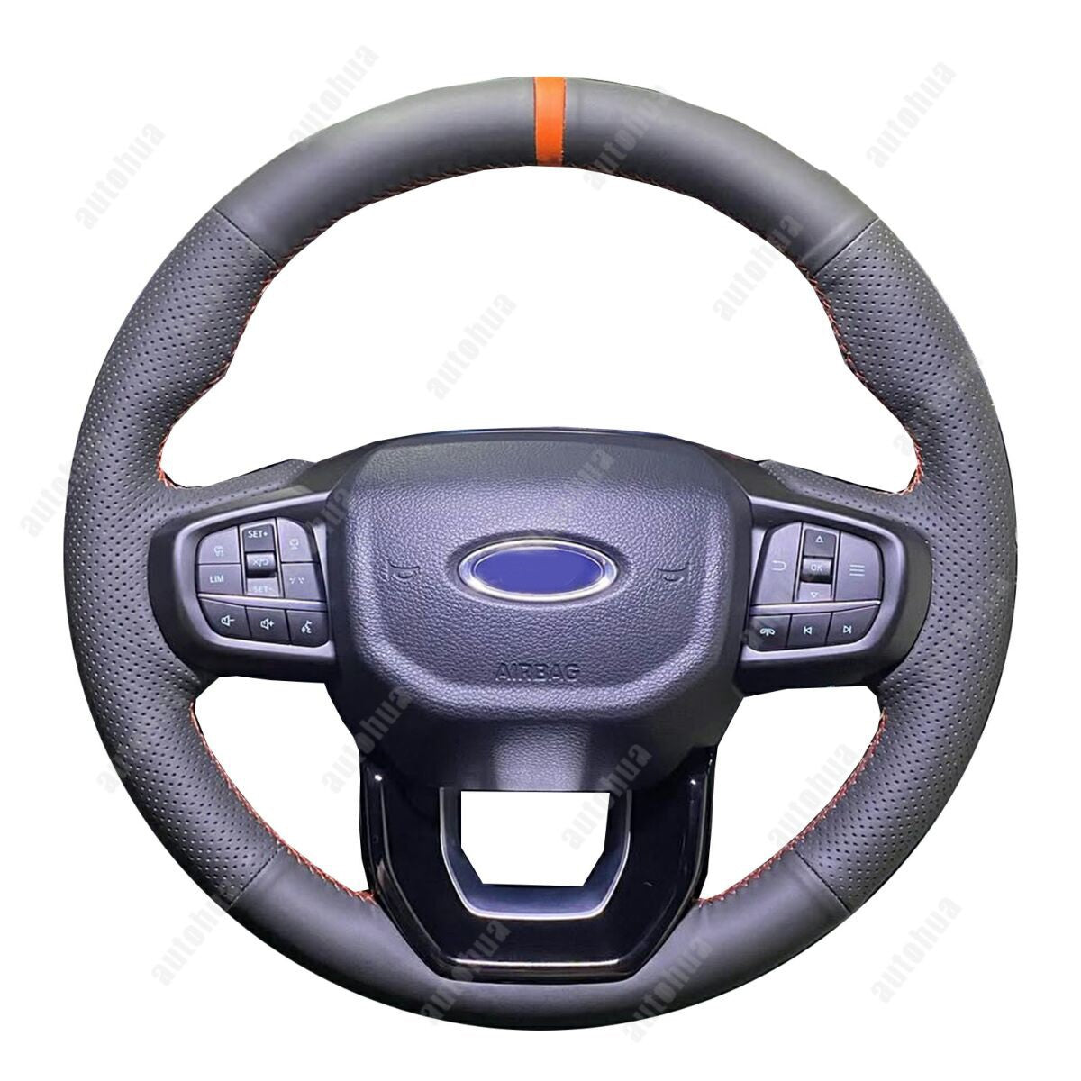 Black Leather Steering Wheel Stitch on Wrap Cover For Ford Ranger 2022-2023