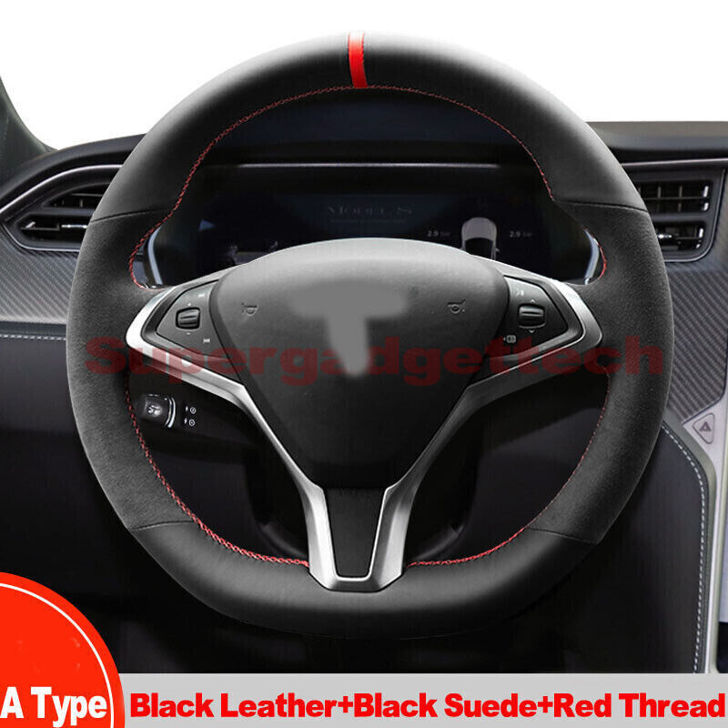 Black&Suede Leather Steering Wheel Hand Sewing Wrap Cover For Tesla Model S/X A