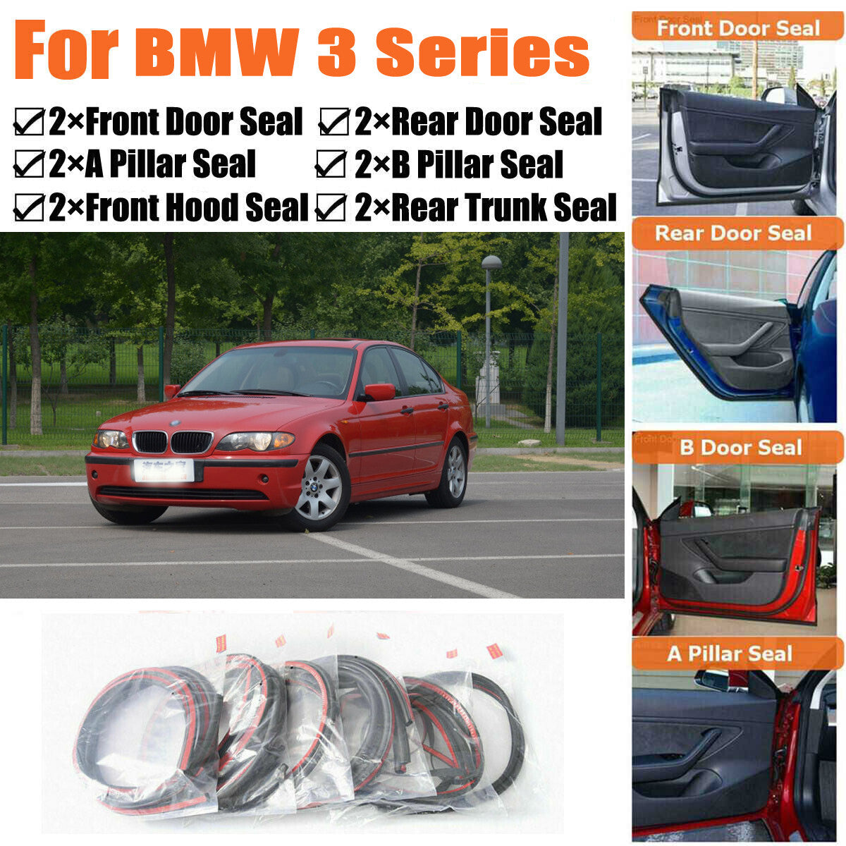 Door Rubber Seal Strips Weather Draft Noise Reduction Kit For BMW 3 Series E90